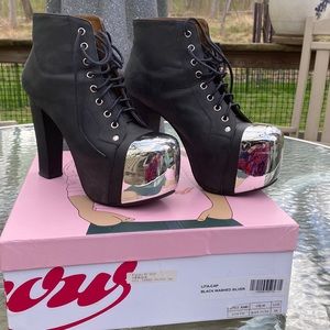 Jeffrey Campbell Lita-Cap Black Washed Silver Platform Shoes.